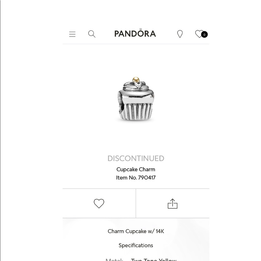 Pandora retired cupcake- silver with 14k 790417